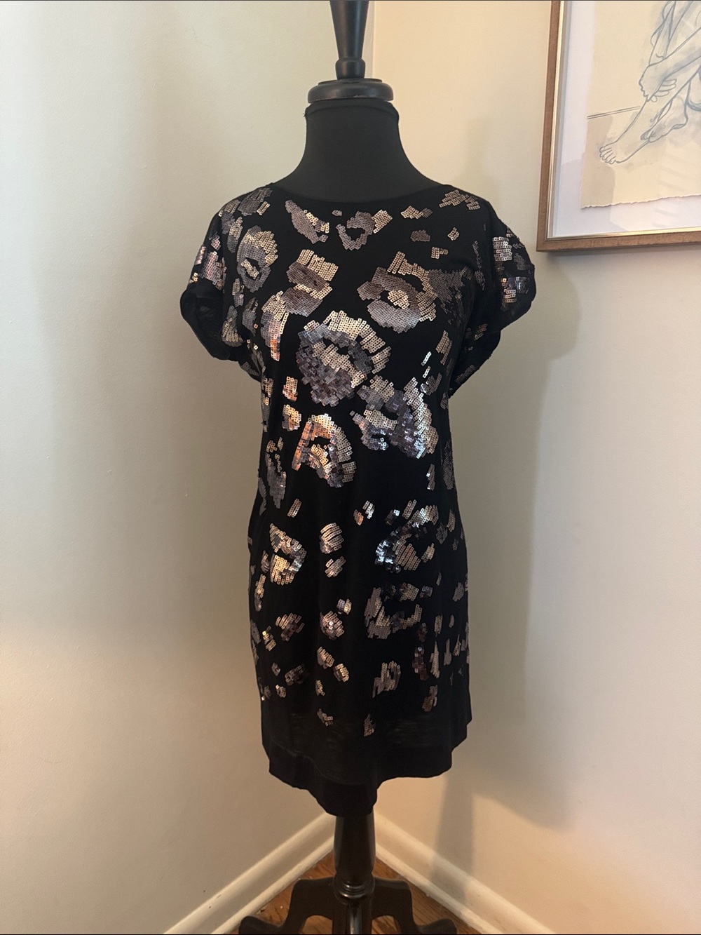 HALE BOB Black/Metallic/Silver Jersey Sequin Shift Dress XSmall
